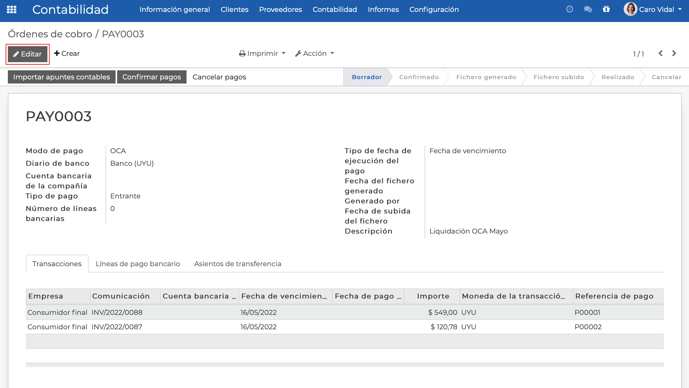 Imagen 9: Editar orden de cobro en borrador