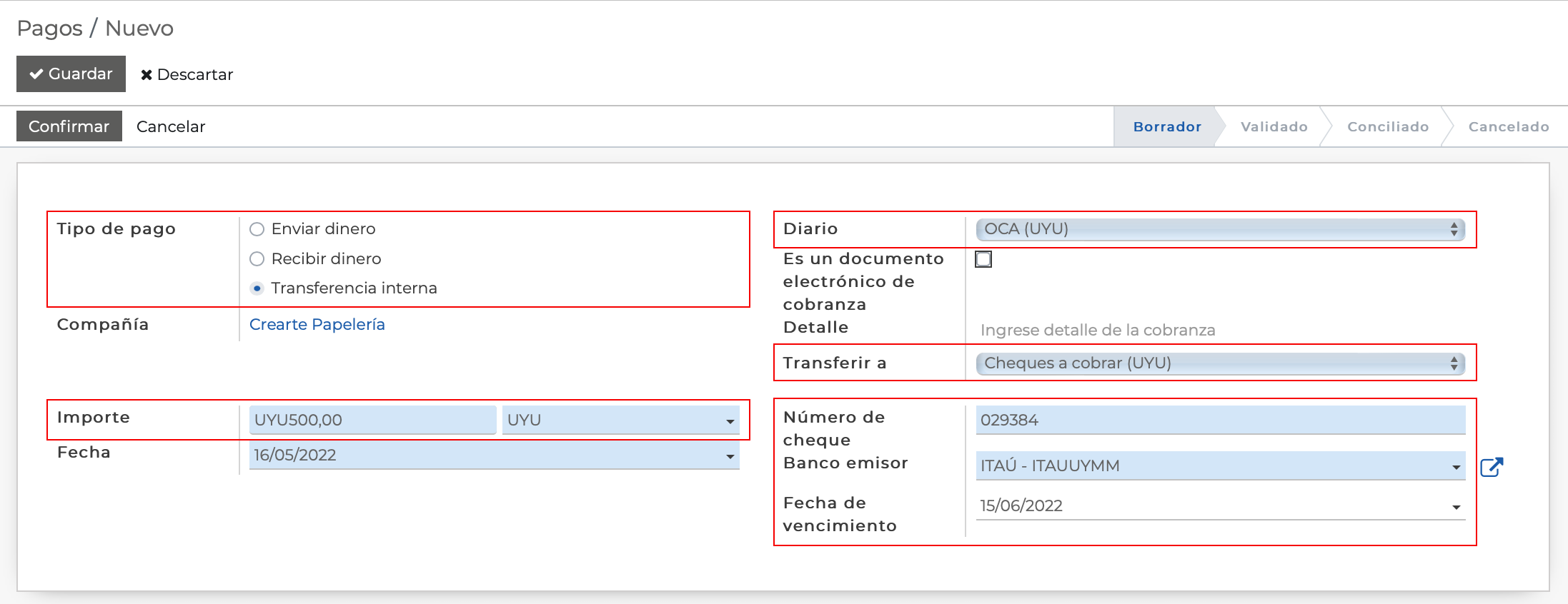 Imagen 20: Registro de transferencia interna