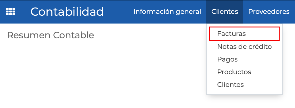 Imagen 2: Selección de opción Facturas del menú Clientes