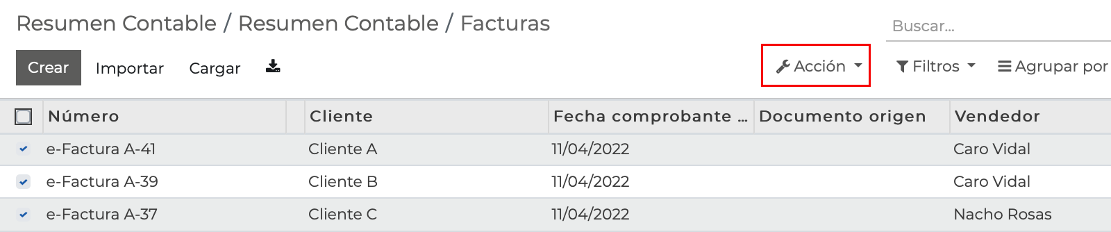 Imagen 3: Selección de facturas y menú Acción