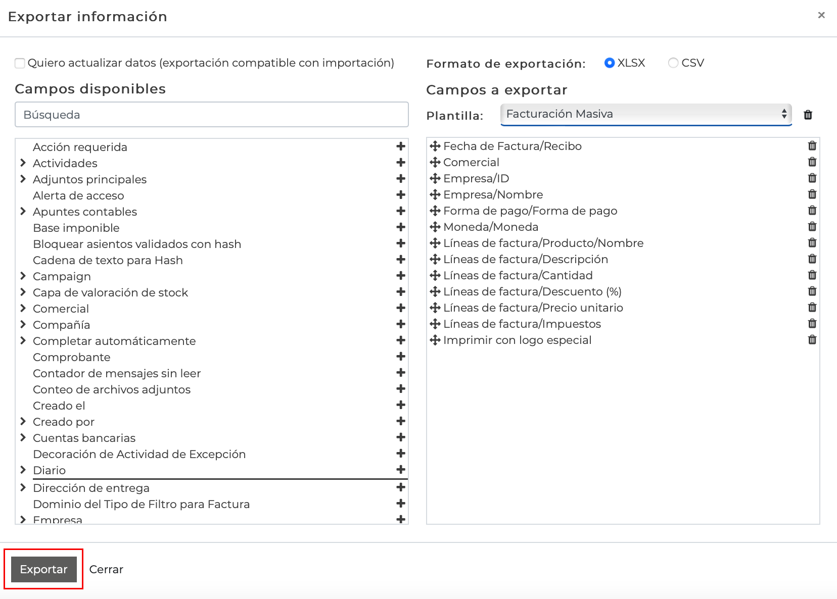Imagen 6: Exportar con plantilla de Facturación Masiva