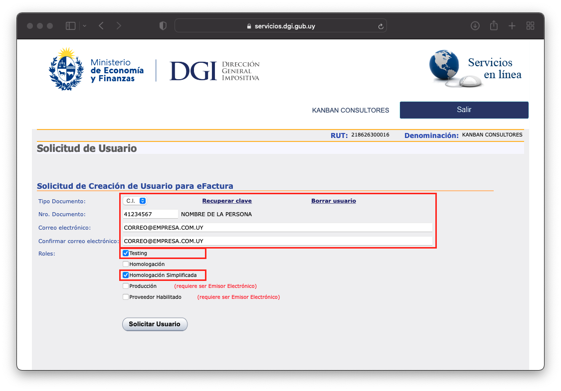 Imagen 3: Solicitud de creación de usuario para eFactura Imagen 3: Solicitud de creación de usuario para eFactura