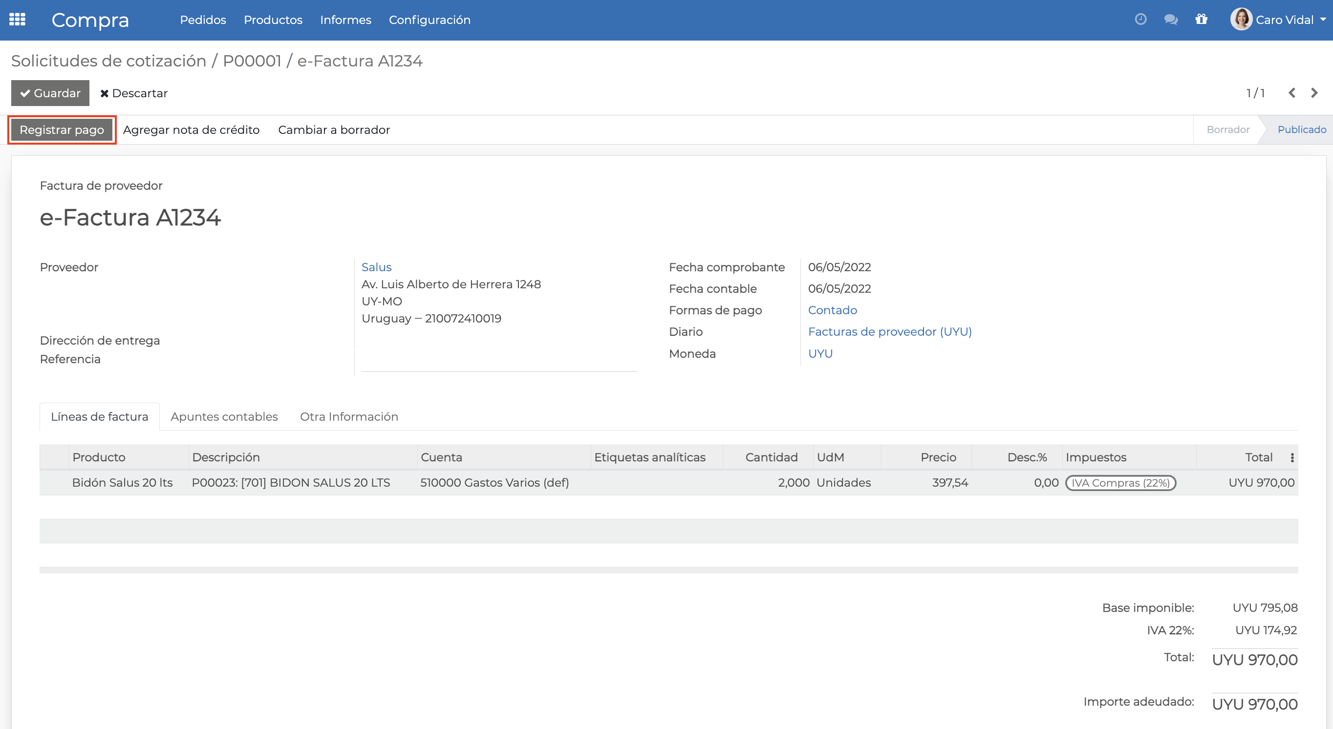 Imagen 4: Registrar pago desde la factura de proveedor con importe adeudado