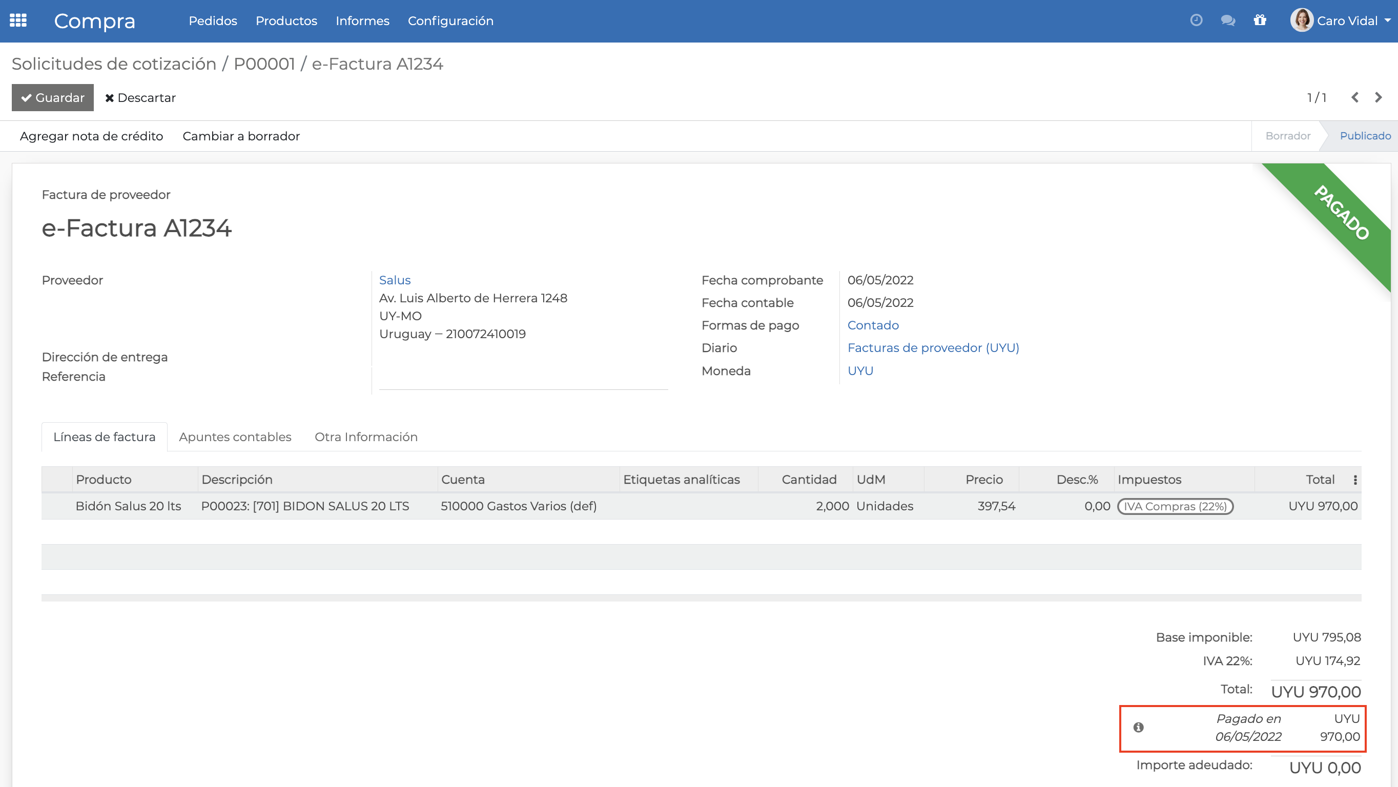 Imagen 6: Factura de proveedor marcada como paga